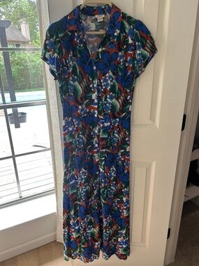 J. Crew  Blue Green Floral Button-Front Maxi Dress